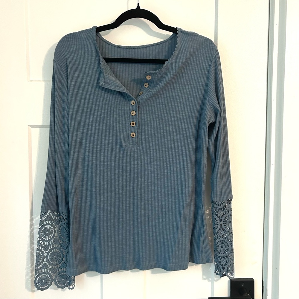 Blue Lace Sleeve Women's Top